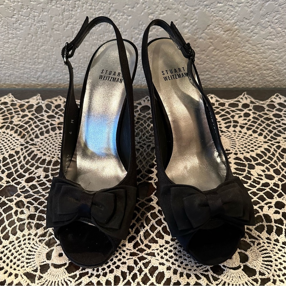 Stuart Weitzman Black Bow Open Toe Slingback Pumps - image 5